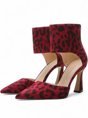 Red Leopard Print Pointed-Toe Ankle Strap Heels